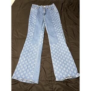 Blue turtle star flare jeans womens large boho festival rave hippie hipster